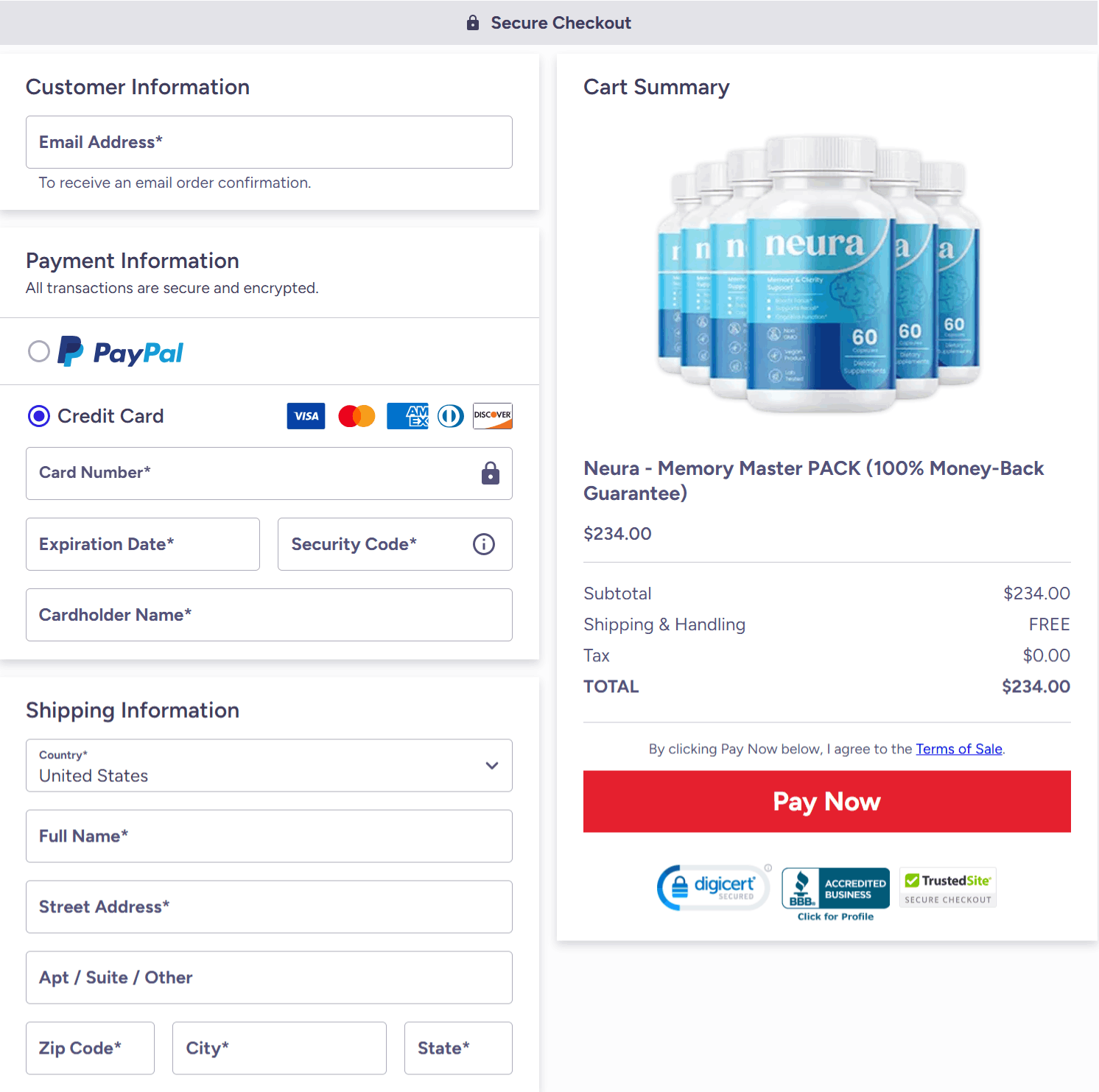 Neura Supplement Checkout page